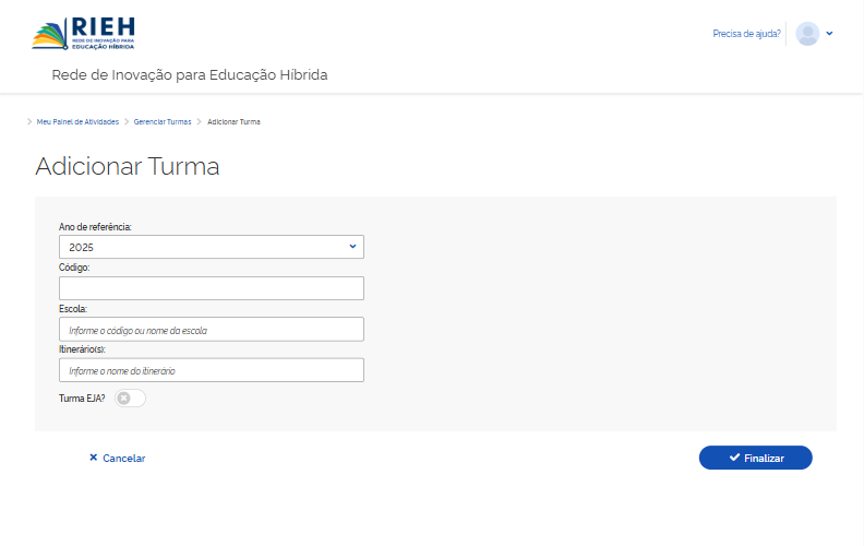Formulário de cadastro de turmas