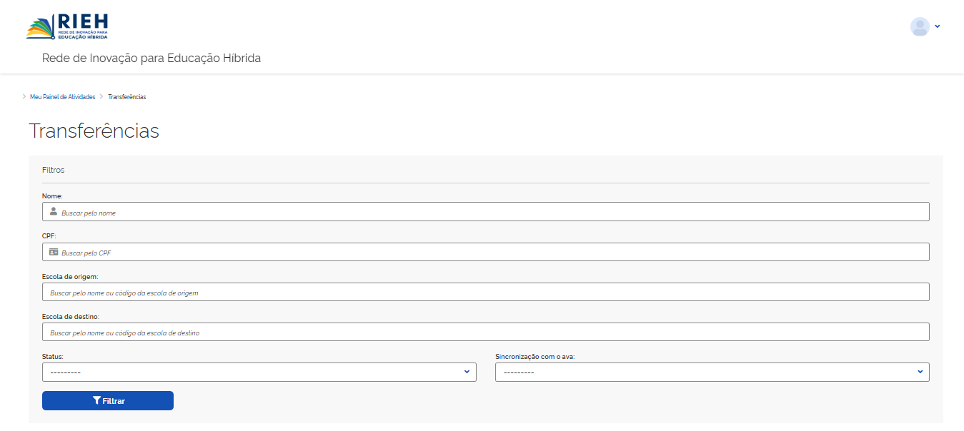 Filtros de pesquisa de transferências de discentes