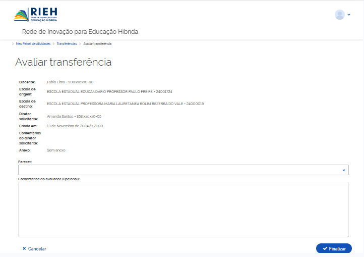 Parecer da solicitação de transferência