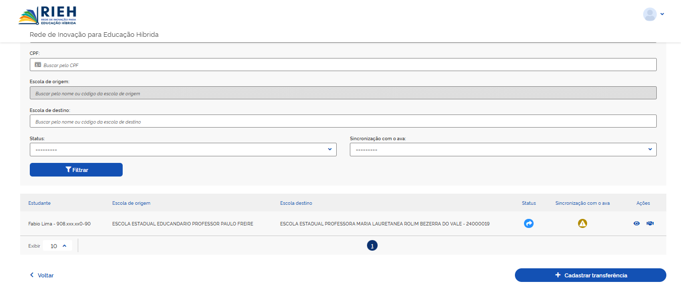 Recebimento da solicitação de transferência